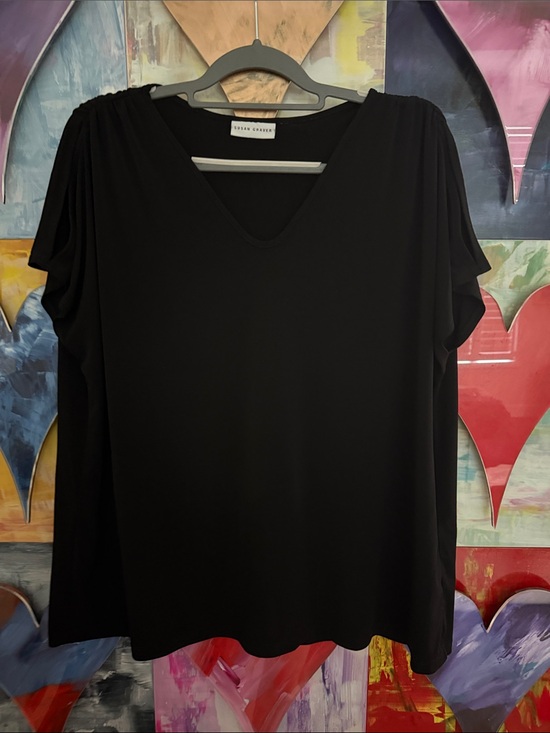 Susan Graver Tops - Susan Graver Black V-Neck Short Sleeve Draped Shoulder Peek A Boo Sleeved Top